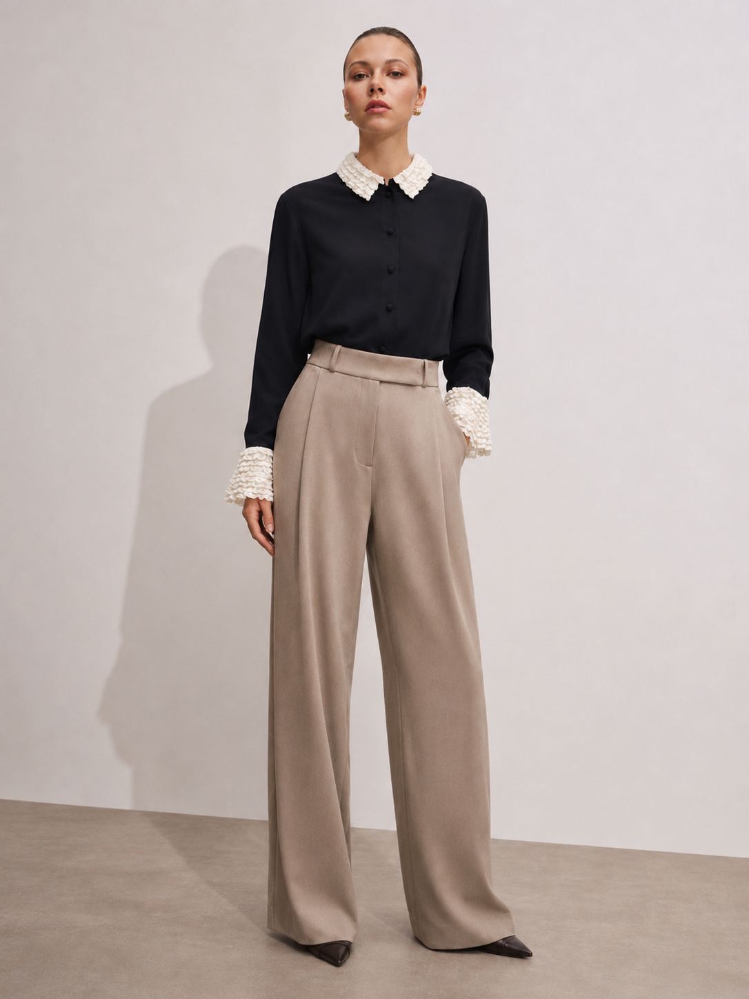 High-Waist Tailored Trousers in Worsted Wool Marina Blanche