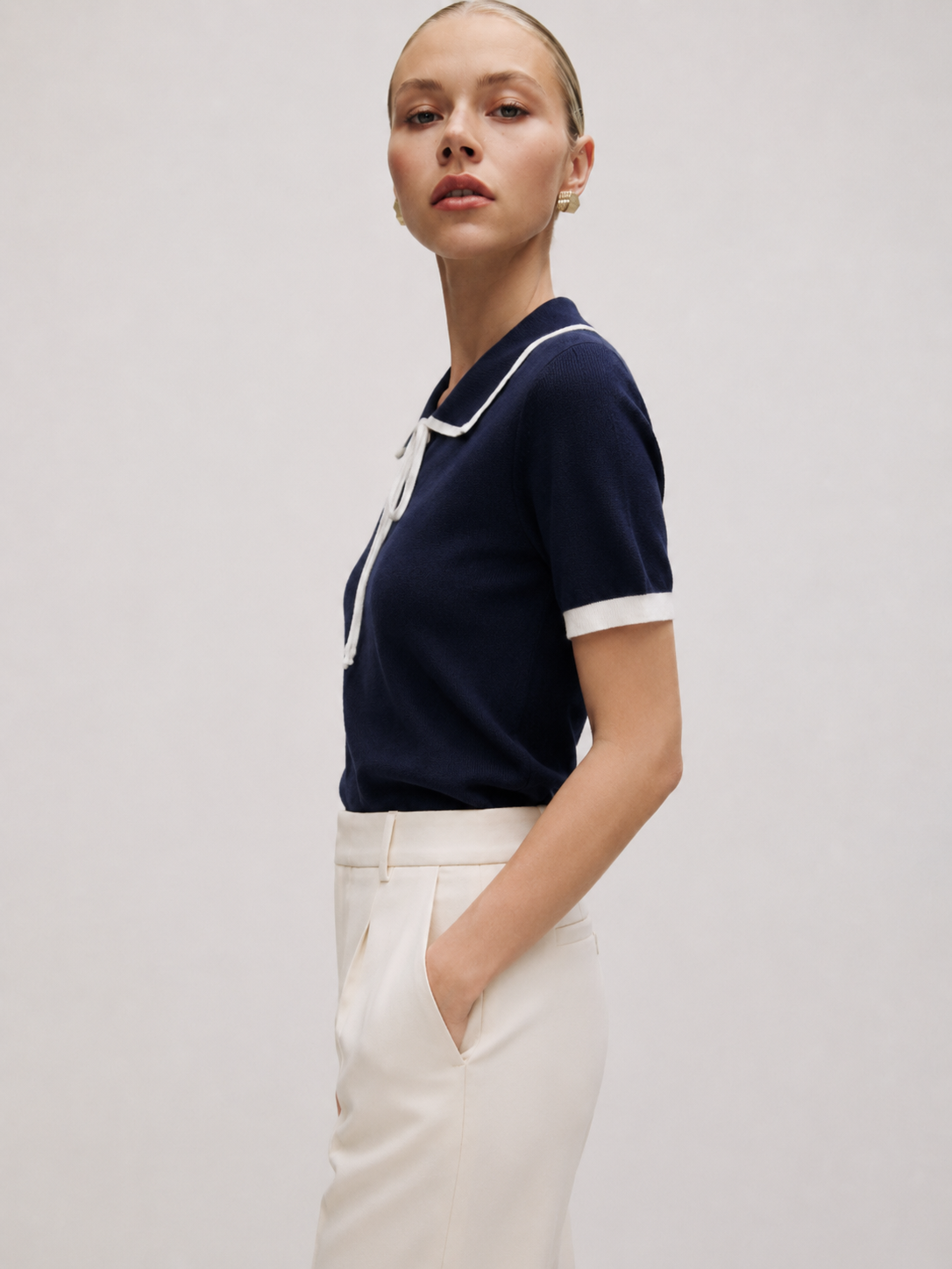 Wool Knit Top with Lavallière Marina Blanche