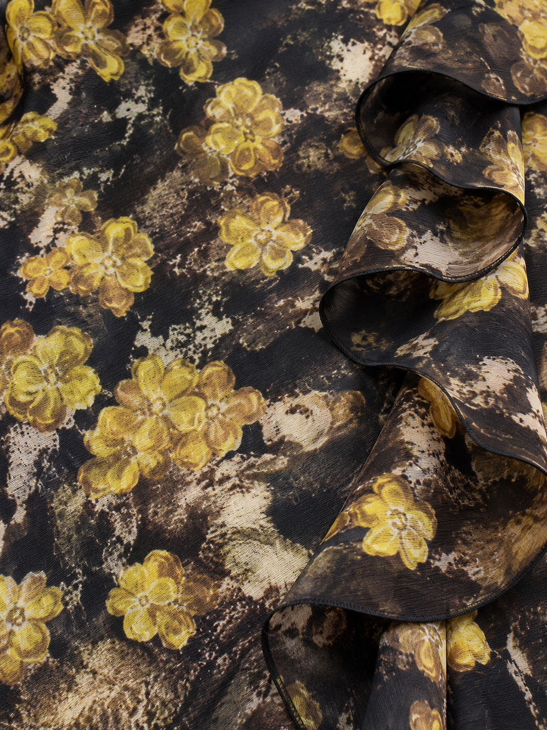 Cascading Botanical Dress in Golden Noir Marina Blanche